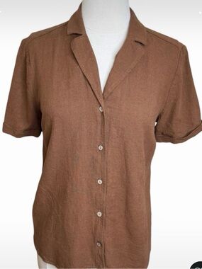 Susan Graver Brown Short Sleeve Linen-Blend Button Down Shirt